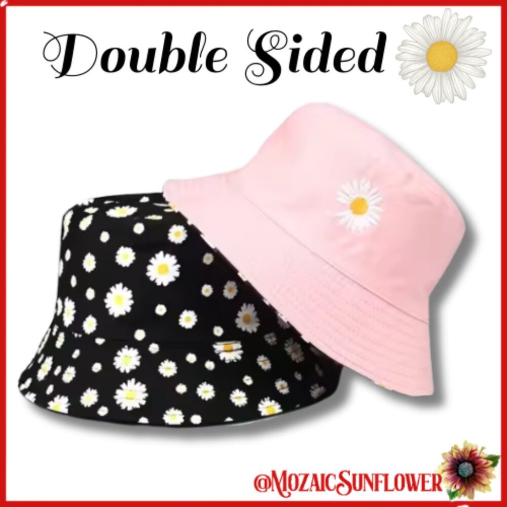 EMBROIDERED WHITE DAISY PINK DOUBLE SIDED BLACK BUCKET HAT NWT